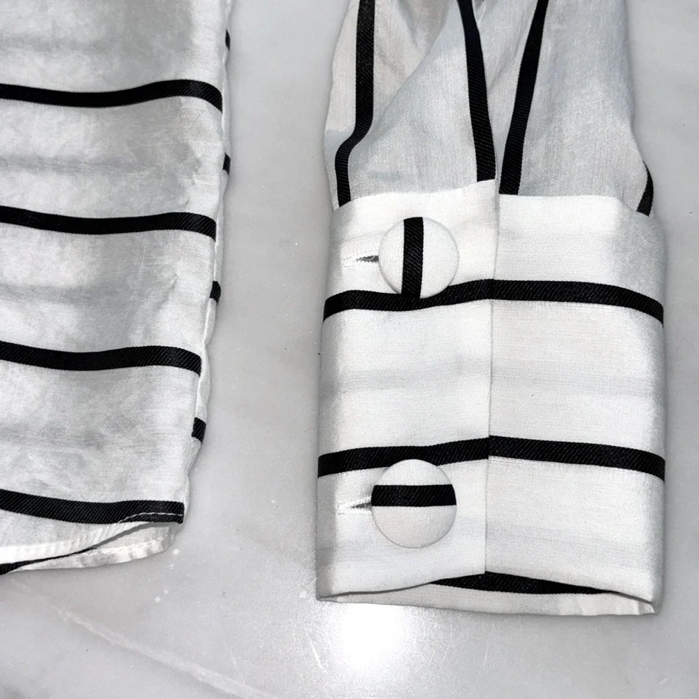 Zara white w/ black stripe long sleeve puff shoulder blouse, size M
